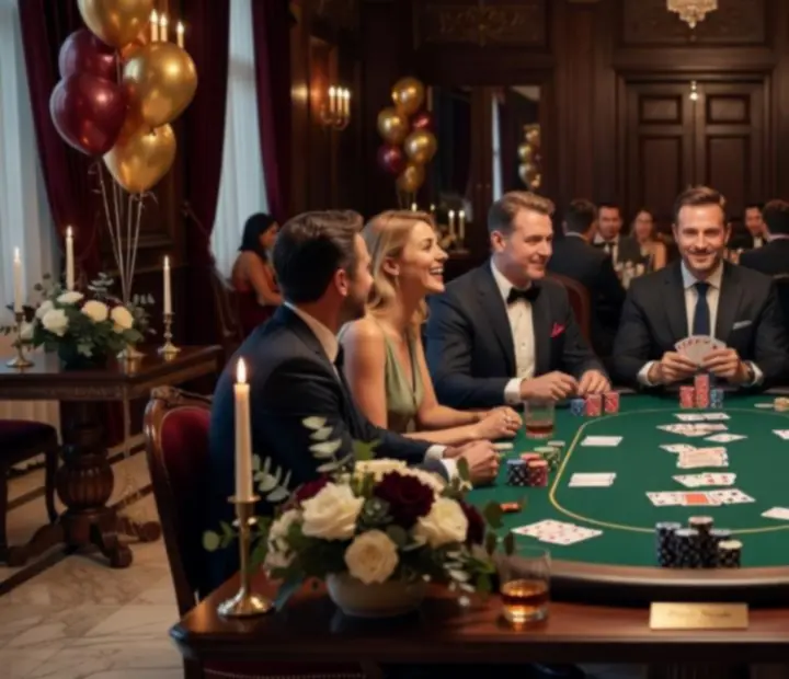 Urodzinowa scenografia pokerowa z kartami i żetonami przy udekorowanym stole