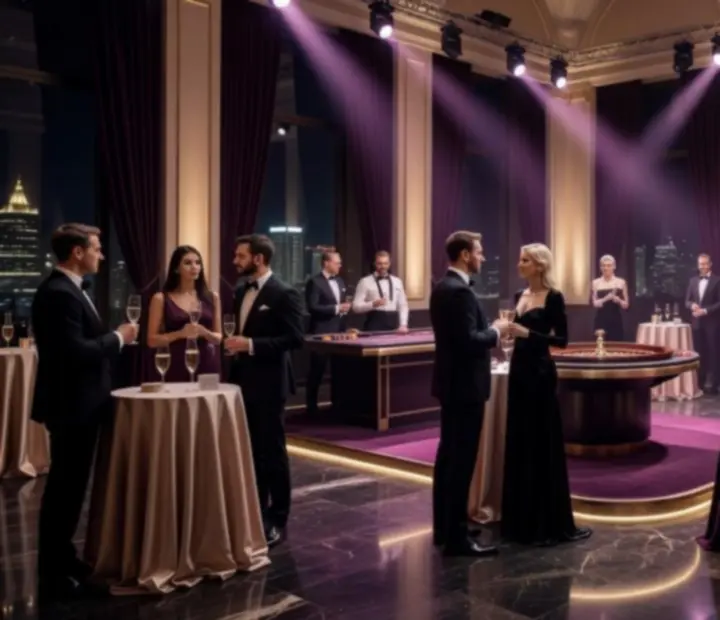 Noc kasynowa w eleganckiej sali eventowej z ruletką, blackjackiem i pokerem