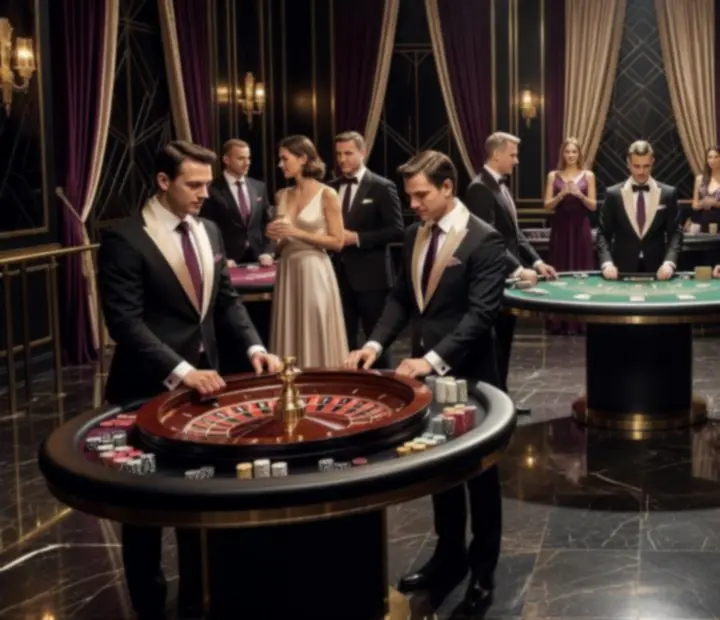 Strefa casino na eleganckim evencie z ruletką, pokerem i blackjackiem