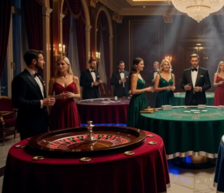 Elegancko ustawione stoły do ruletki, blackjacka i pokera w strefie gier