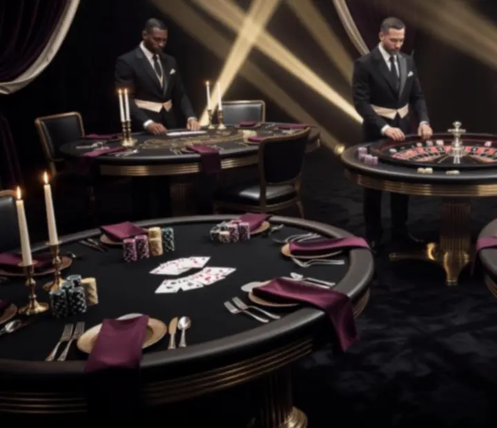 Strefa stołów ruletka, blackjack i poker z teatralnym oświetleniem