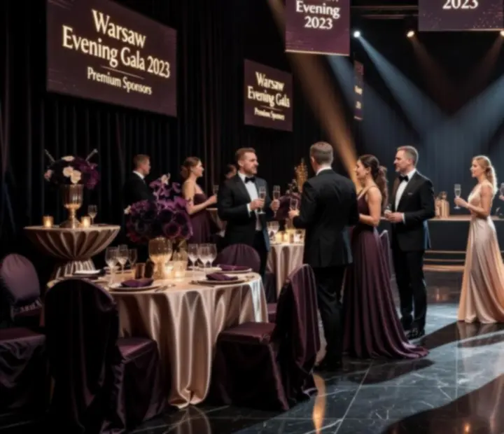 Elegancka sala eventowa z oświetleniem scenicznym i strefą rozrywki