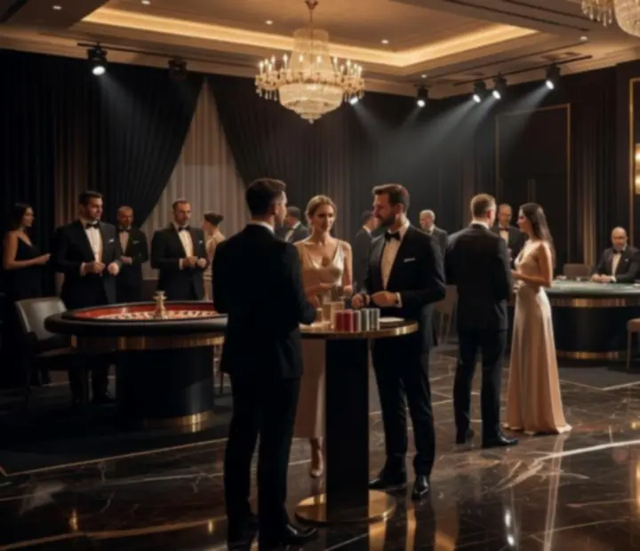Goście podczas eleganckiego wieczoru firmowego w nastrojowej sali z oświetleniem scenicznym