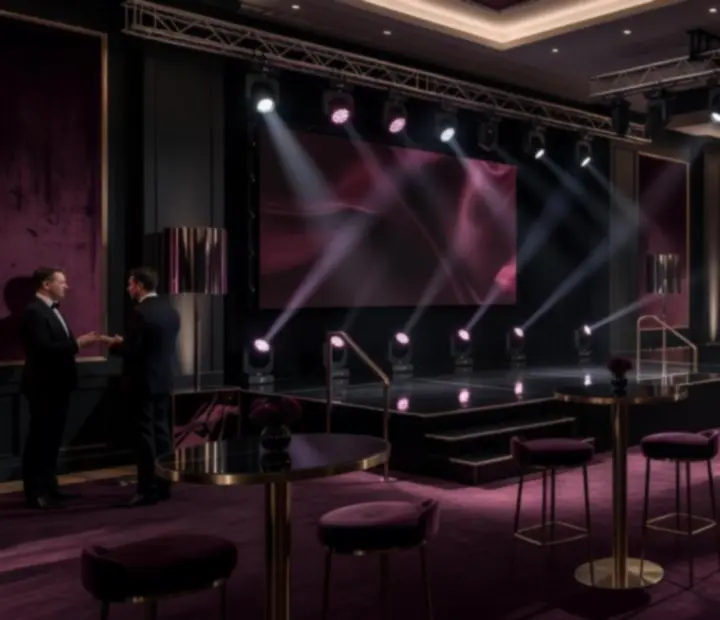 Elegancka sala eventowa z oświetleniem scenicznym i strefą rozrywki