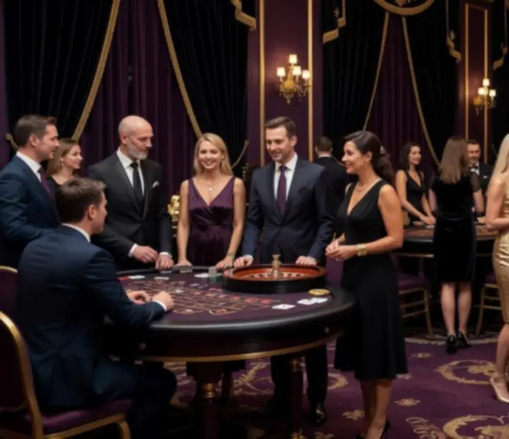 Goście w wieczorowych strojach podczas firmowego Casino Night