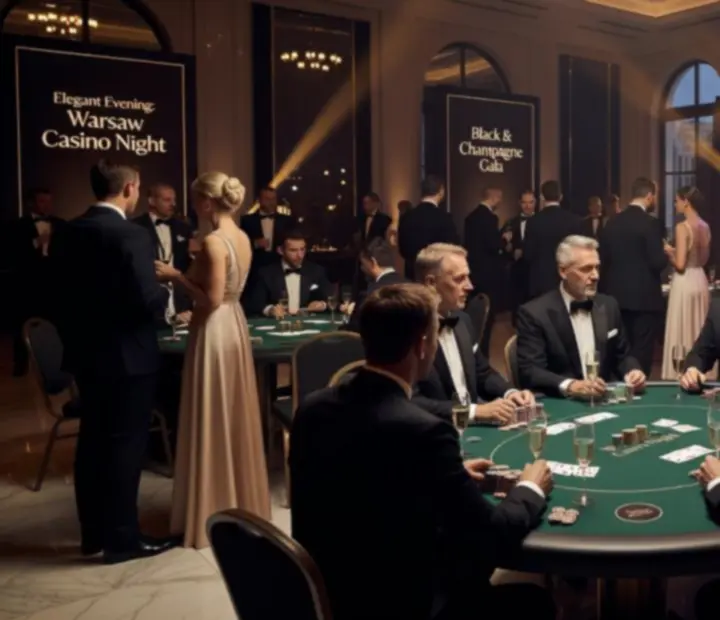 Goście przy luksusowych stołach pokerowych w eleganckiej sali eventowej