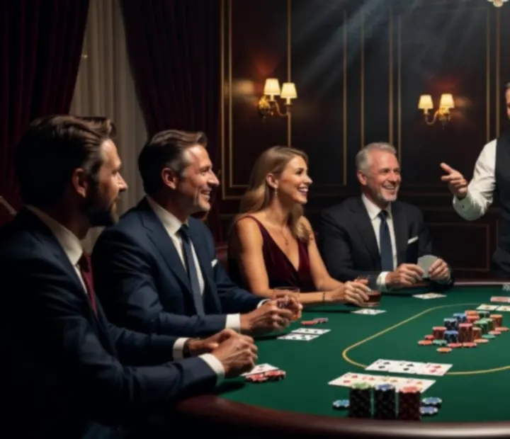 Zespół firmy grający przy profesjonalnym stole pokerowym podczas integracyjnego wieczoru