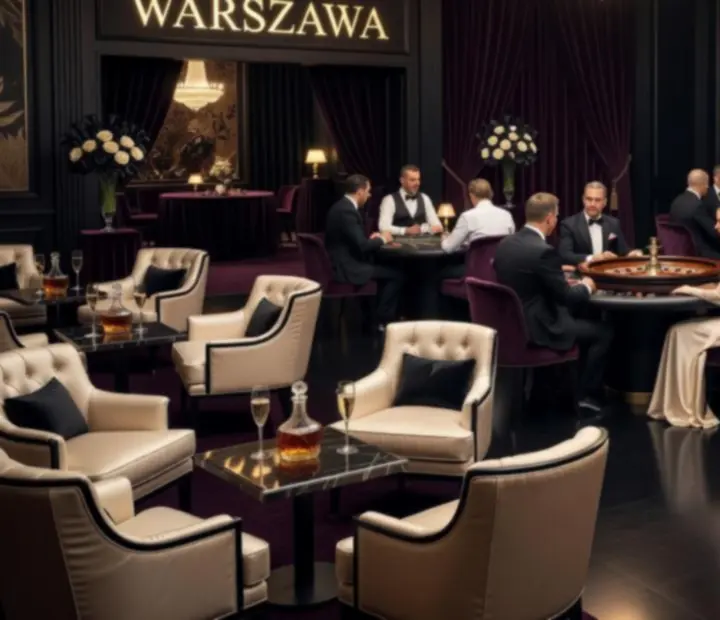Elegancka strefa Casino Night z oświetleniem scenicznym i stołami do gry podczas eventu firmowego
