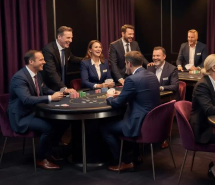 Pracownicy firmy biorący udział w integracji team building przy stołach z kartami i żetonami