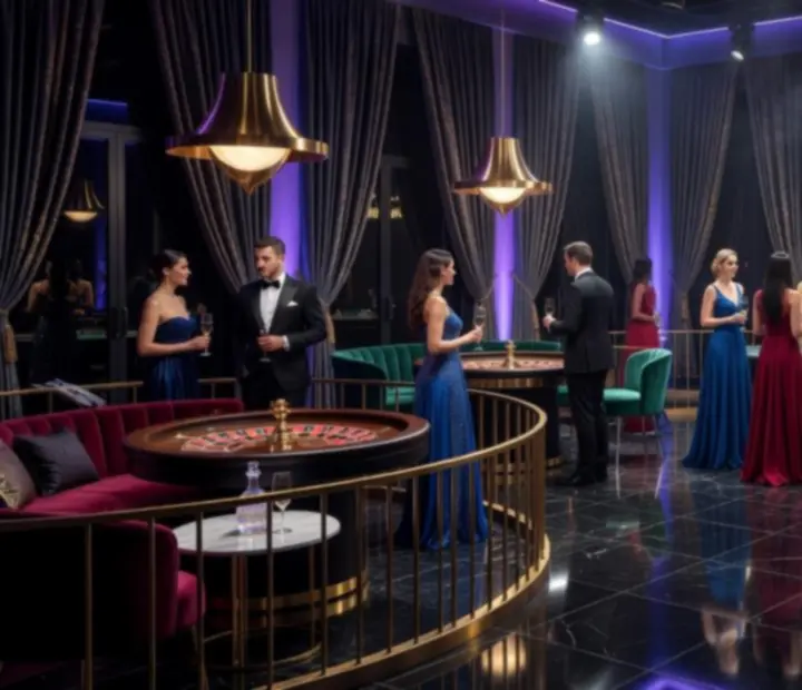Przestrzeń eventowa przekształcona w elegancki wieczór casino z oświetleniem i stołami